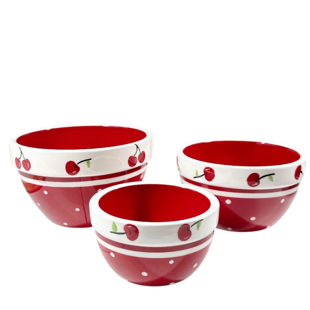 NEW Terramoto Ceramics CHERRY Design 3-Pc Bowl Set